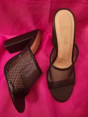 Black Mesh Block Heel Mules